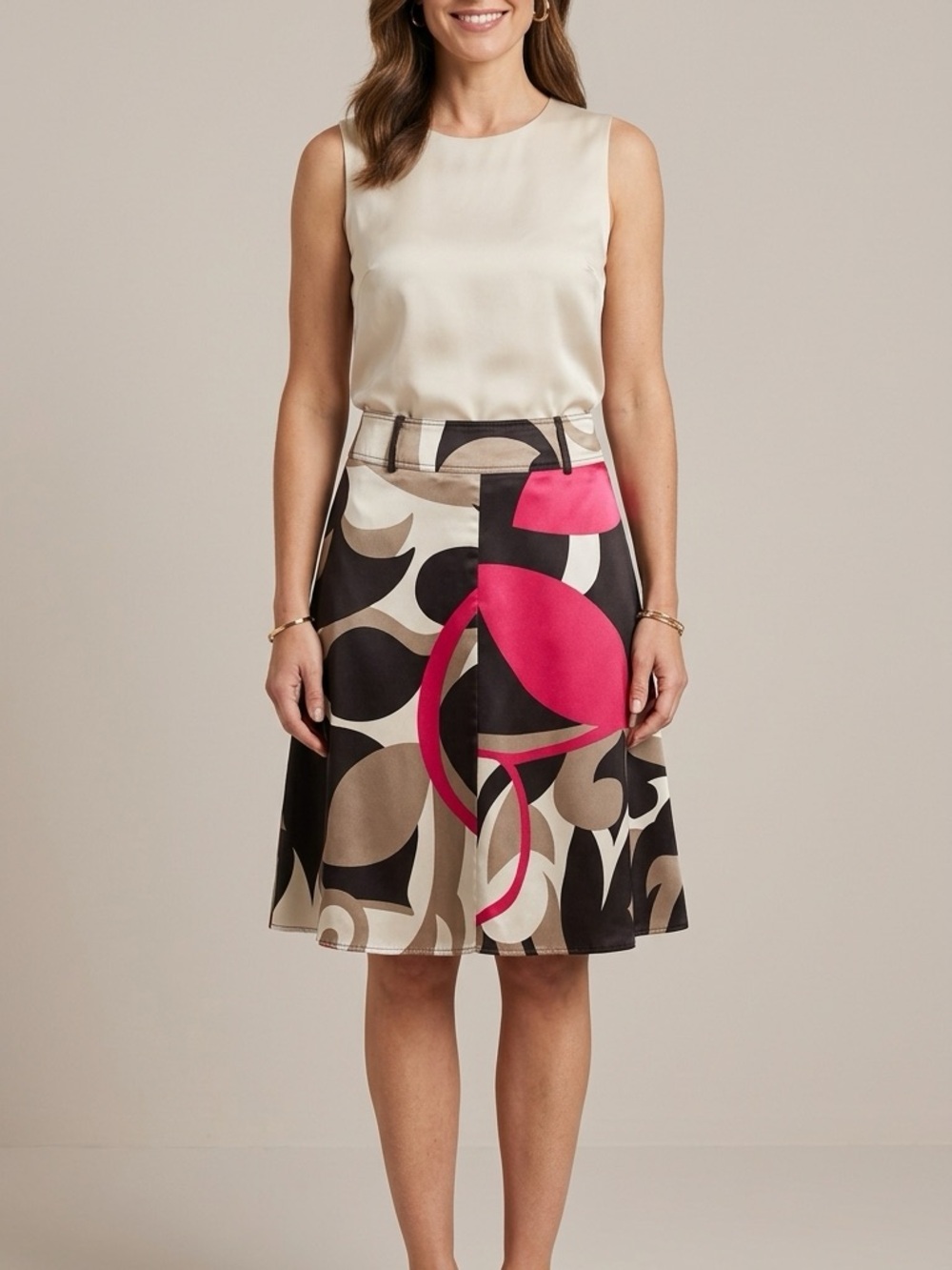 Worthington Bold Abstract A-Line Skirt in Beige, Black & Pink